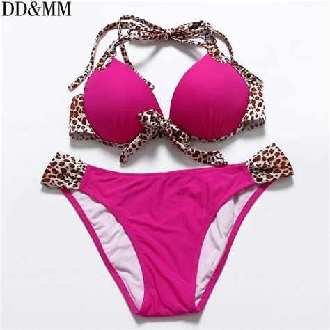 Ddandmm Bikini 2017 Push Up Swimwear Leopard Dot Print Padding Swimsuit Halter Swim Wear Women