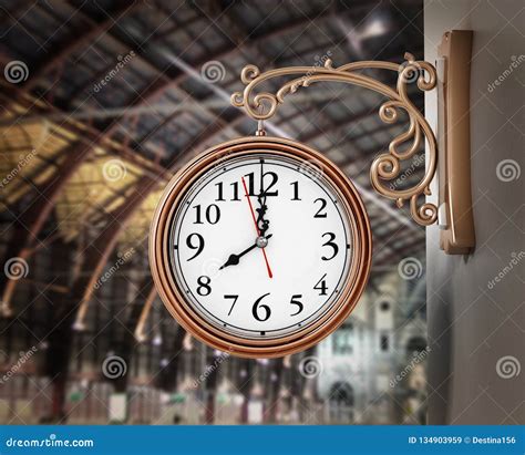 Vintage Wall Clock On The Train Station 3d Illustration Stock