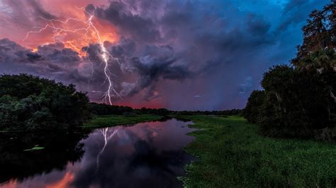 Nature Landscape Water Reflection Clouds River Storm Lightning