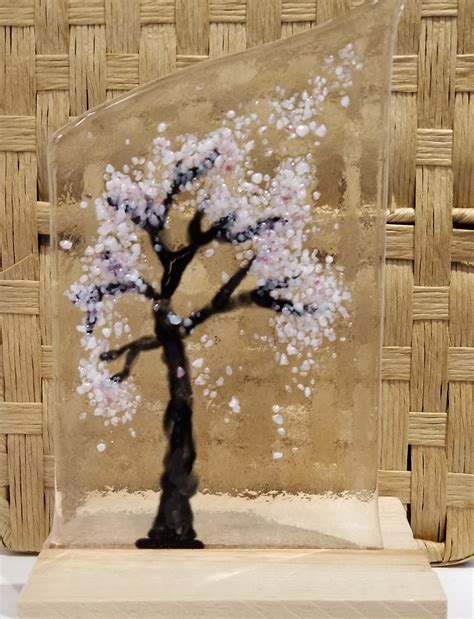 Sweet Cherry Blossom Tree Fused Glass Art Panel With Wood Crate Stand In 2022 Fused Glass Art