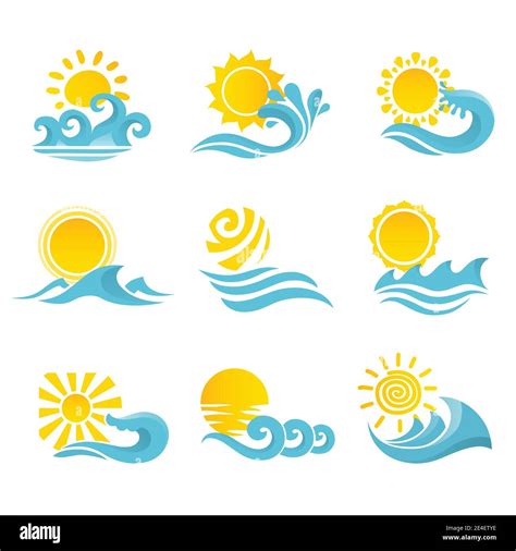 Waves Flowing Water Sea Ocean Icons Set With Sun Isolated Vector
