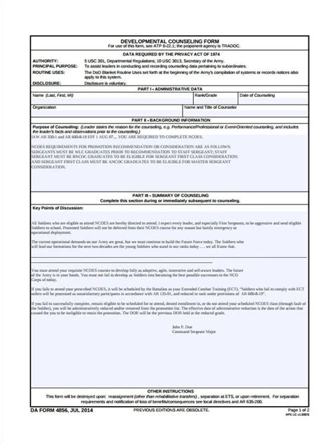 Army Counseling Form 4856 8 School Counseling Forms Free Sample Example