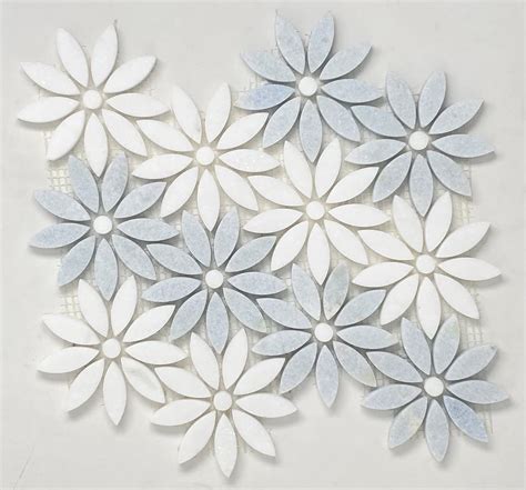 buy daisy flower pattern light celeste blue and white thassos marble waterjet cut mosaic tile for