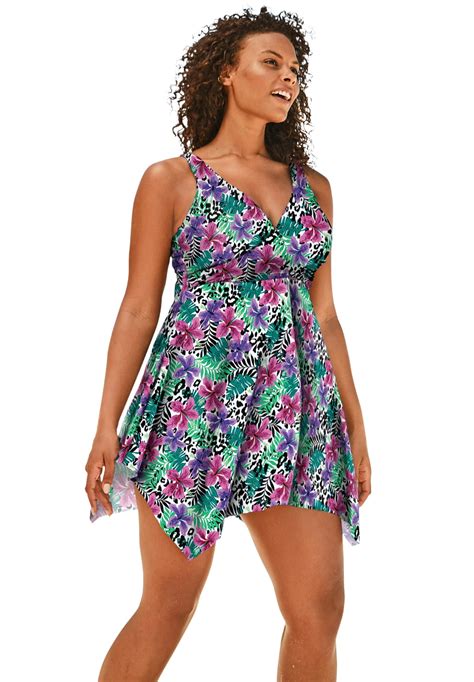 Swimsuits For All Women S Plus Size Handkerchief Hem Two Piece Swim Dress Leopard Tropical