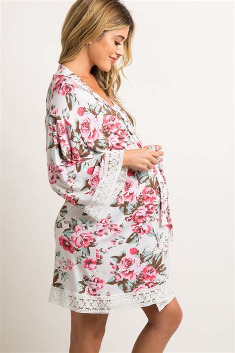 Ivory Rose Floral Lace Trim Deliverynursing Maternity Robe Stylish Maternity Outfits