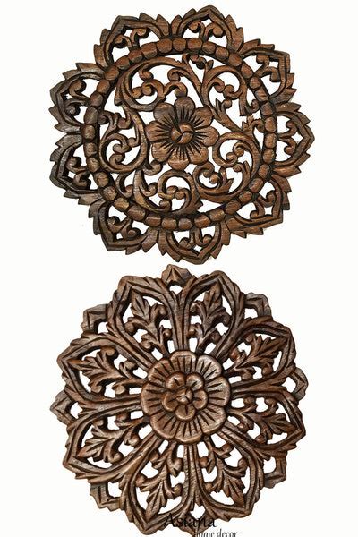 Round Floral Carved Wood Wall Decor Set Of 2 Brown 12 Asiana Home Decor