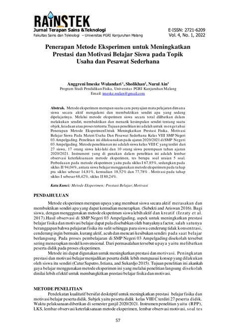 Pdf Penerapan Metode Eksperimen Untuk Meningkatkan Prestasi Dan