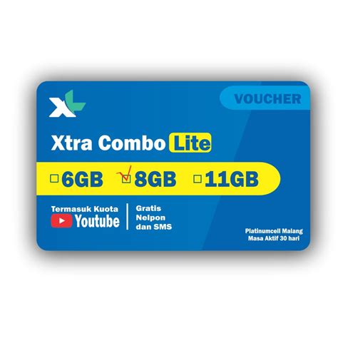 Xl data extra combo 72gb pemakaian perbulan dibagi 2gb dijaringan 3g/4g dan 4gb dijaringan 4g only, bonus telepon 20 menit ke semua operator dan kuota 2gb khusus youtube (bisa dipakai 24jam), masa berlaku kuota 1 tahun (360hari), kuota tidak akumulatif. VOUCHER XL XTRA COMBO LITE 8GB | Shopee Indonesia