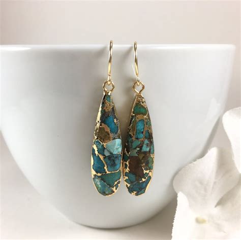 Copper Turquoise Earrings Teardrop Turquoise Dangle Earrings Etsy