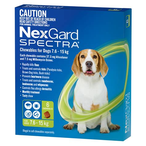 It contains the novel active ingredient afoxolaner, an isoxazoline based compound with a new and distinct mode of action. NexGard Spectra Chewables For Dogs Green 7.6-15kg 6 Pack ...