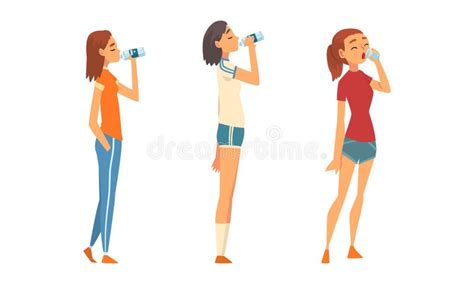 People Character Standing And Drinking Water From Plastic Bottle And