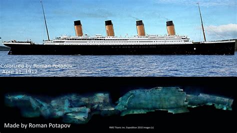 A colorized photograph of Titanic, alongside a computer rendering of