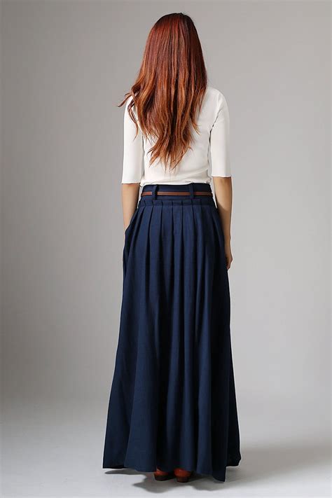 Casual Long Linen Maxi Skirt For Women Navy Skirt High Waist Long A