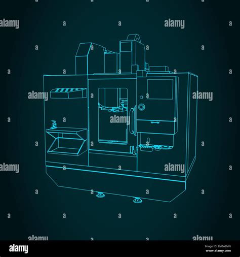 Stylized Vector Illustration Of Blueprints Of Automatic Cnc Milling