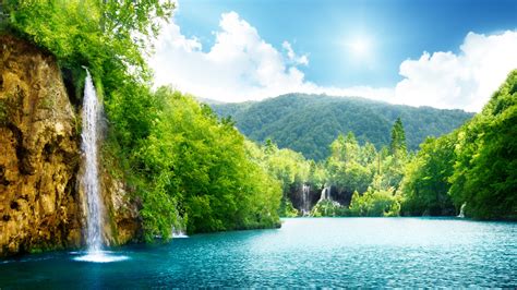 Full Hd Wallpaper Waterfall Lake Forest Mountain Desktop