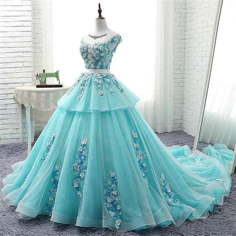 Chic Scoop Blue Prom Dress Ball Gown With 3d Flowers Lace Floral Prom