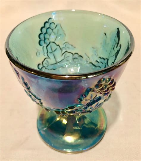 Antique Iridescent Blue Carnival Glass Goblet With Grapevine Pattern