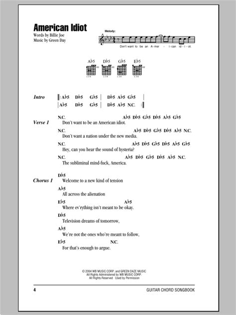 American Idiot Sheet Music Green Day Guitar Chordslyrics