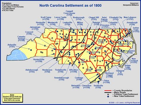 North Carolina Towns Major Roads And Settlement Limits As Of 1800