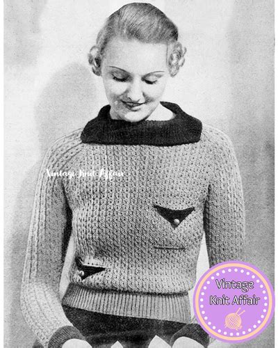 1930s Ladies Boater Neck Raglan Jumper Vintage Knit Affair