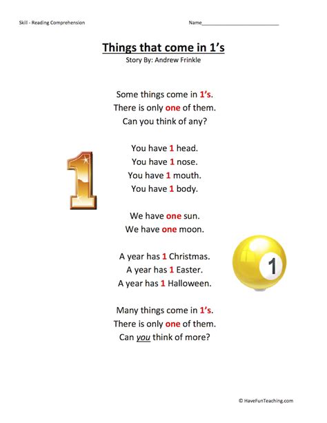 Things That Come In 1s Reading Comprehension Worksheet • Have Fun Teaching