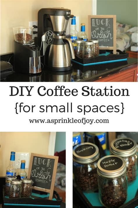 A diy coffee bar in your home can help you entertain family, friends, loved ones. DIY Coffee Station {for small spaces} - A Sprinkle of Joy