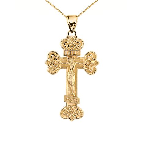Yellow Gold Budded Eastern Orthodox Crucifix Cross Pendant Necklace
