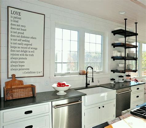 For your shiplap kitchen boards, you can paint them in neutral colors, then add a splash of color to your cabinetry. White kitchen with shiplap walls, shaker cabinets ...