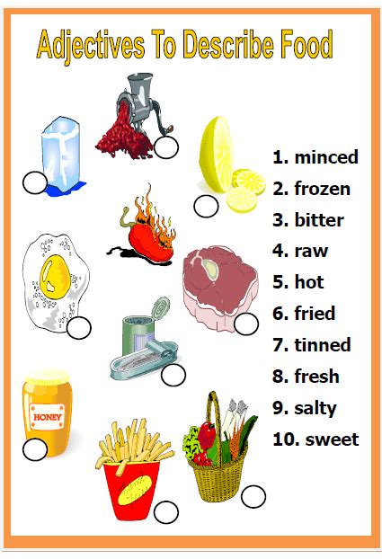 Food adjectives to describe texture. Adjectives to Describe Food Worksheet
