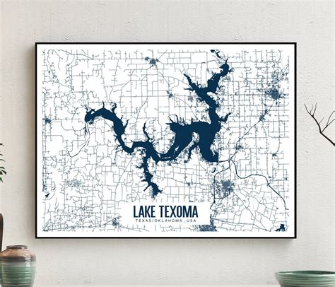 Lake Texoma Texas Printable Map Lake Texoma Wall Art Lake Etsy
