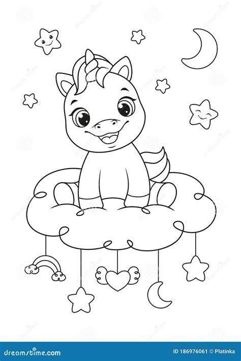Happy Baby Unicorn Coloring Page Cartoon Vector