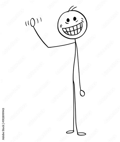 Cartoon Stick Man Drawing Illustration Of Man With Crazy Smile Waving