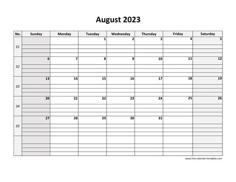 August 2023 Calendar Free Printable With Grid Lines Designed
