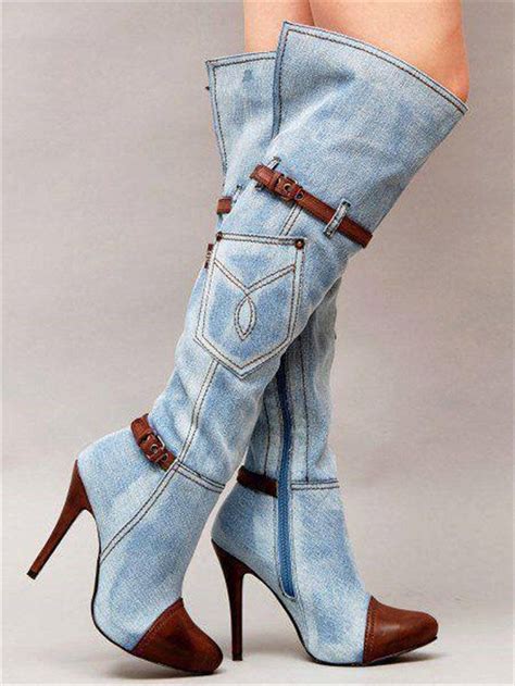 Hip High Quality Blue Denim Over Knee Gladiator Boots With Straps Design Jeans Long High Heel