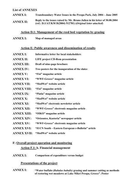 List Of Annexes Annex I Annex Ii Action D1 Management Of
