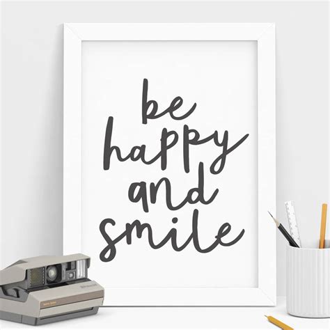 Be Happy And Smile Black White Typography Print By The Motivated Type