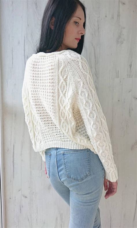 Chunky Cable Knit Cardigan For Women Off White Cotton Cropped Etsy