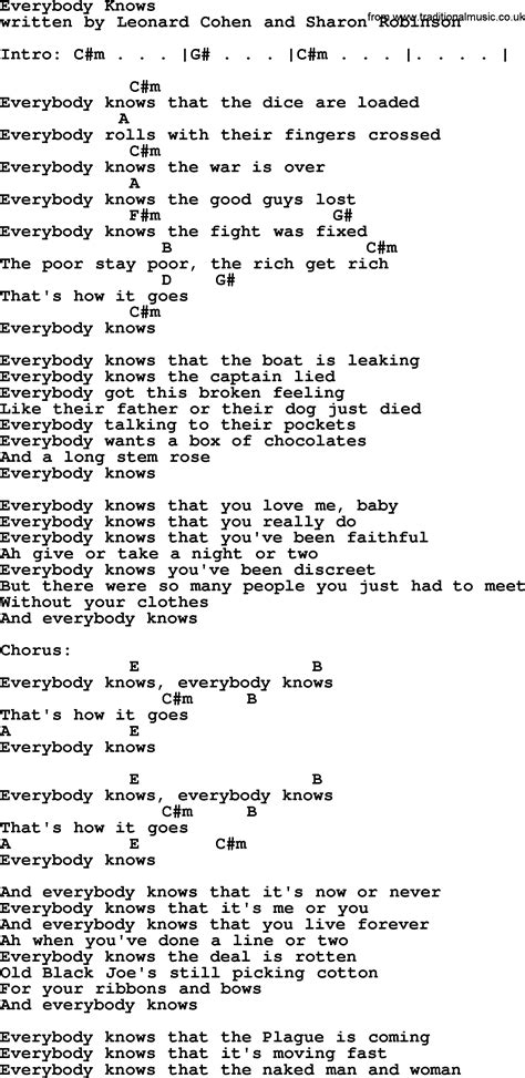 46 songs literally everyone knows the lyrics to. Leonard Cohen song: Everybody Knows, lyrics and chords