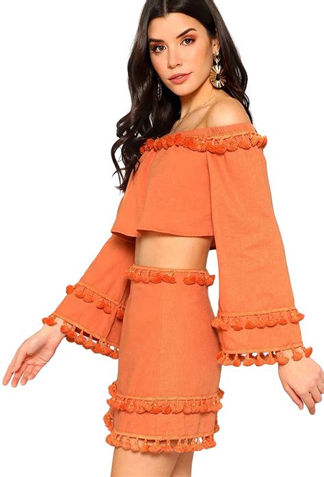 Shein Womens 2 Piece Outfit Fringe Trim Crop Top Skirt Set Ebay