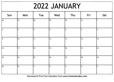 Blank January 2022 Calendar January 2022 Calendar Printable Template Images