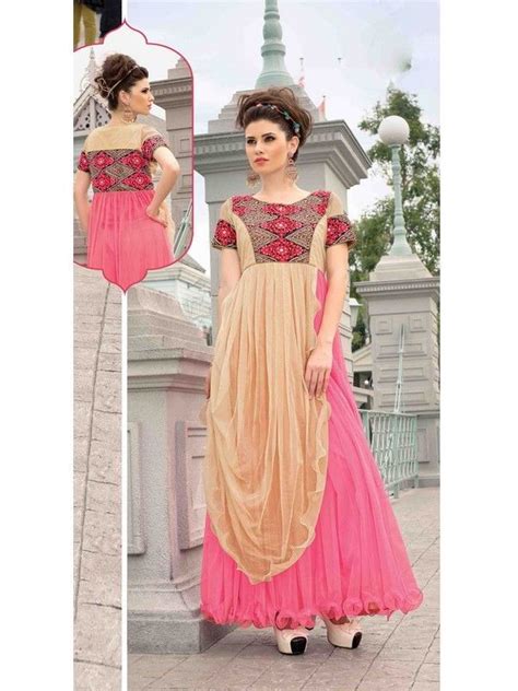 Browse our indian gown collection available in royal anarkali. Beige/Pink Partywear Net Women Gown | Ladies gown, Party ...