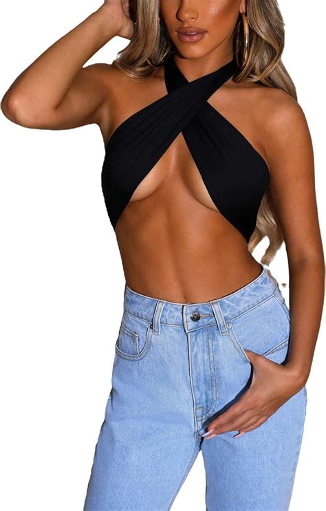 Nituyy Women S Sexy Criss Cross Halter Neck Cutout Crop Tops Tie