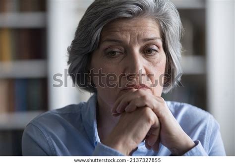 Close Worried Middleaged Woman Deep Sad Stock Photo 2137327855