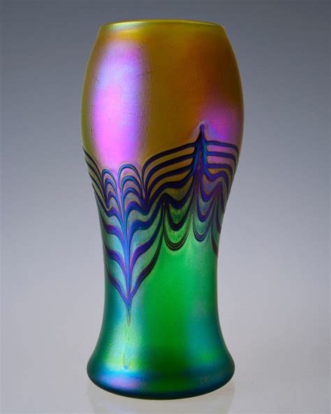Large Iridescent Art Nouveau Hand Blown Loetz Style Bohemian Art Glass Vase Art Glass Vase