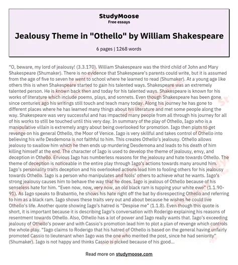 Jealousy Theme In Othello By William Shakespeare Free Essay Example