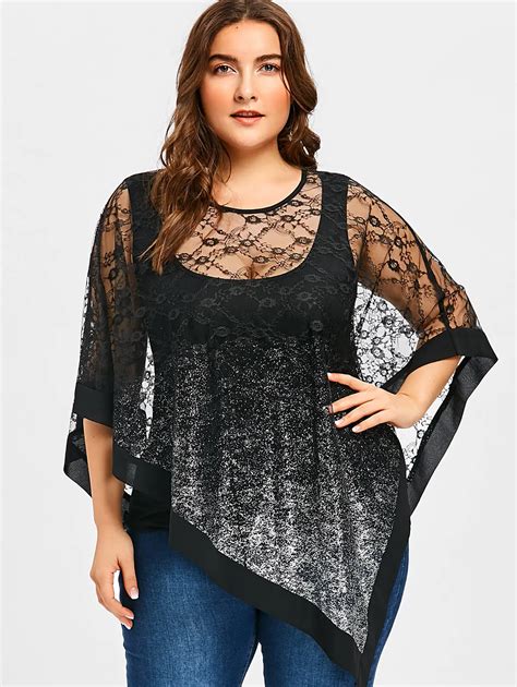 Wipalo Women Shirts Plus Size Sheer Asymmetric Lace Overlay Blouse