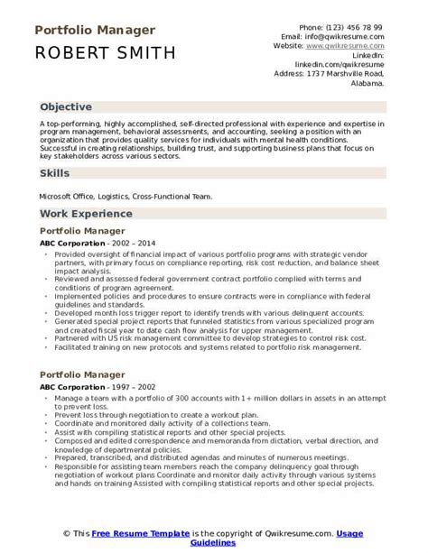 Qualifications to get hired as a portfolio manager. Portfolio Manager Resume Samples | QwikResume