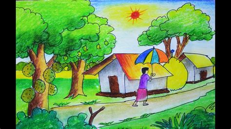 Drawing a scenery of sunset step by step. summer season scenery drawing, how to draw village summer ...