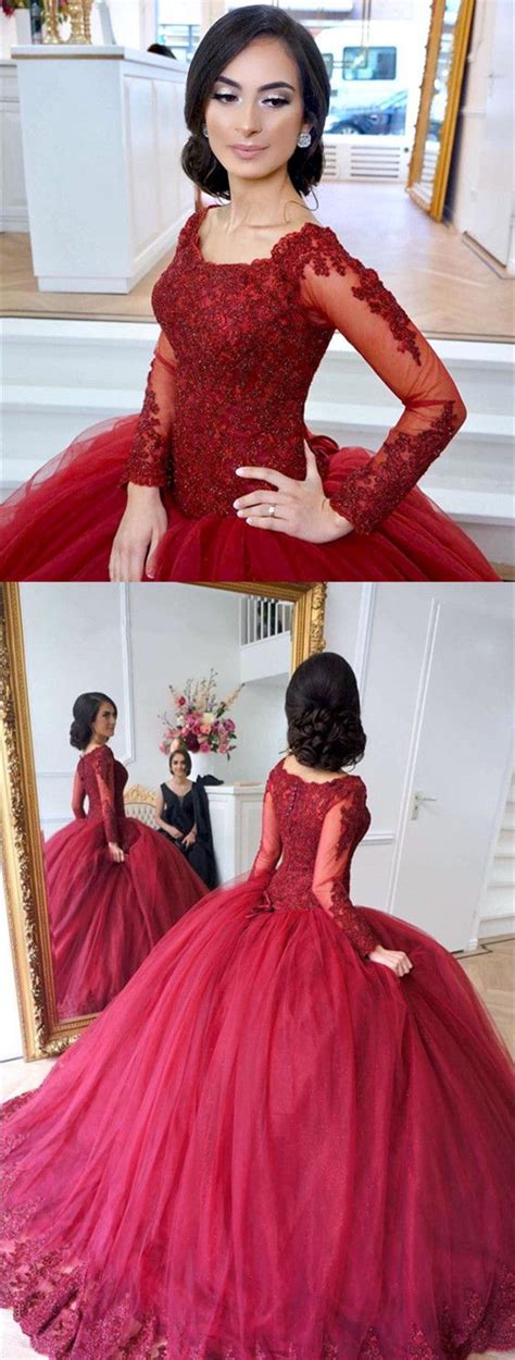 Lace Appliques Long Sleeves Tulle Ball Gowns Maroon Wedding Dresses