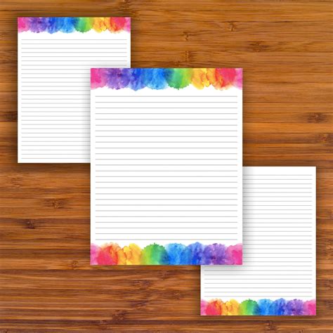 Printable Lined Writing Paper Bundle Rainbow Watercolor A4 Etsy